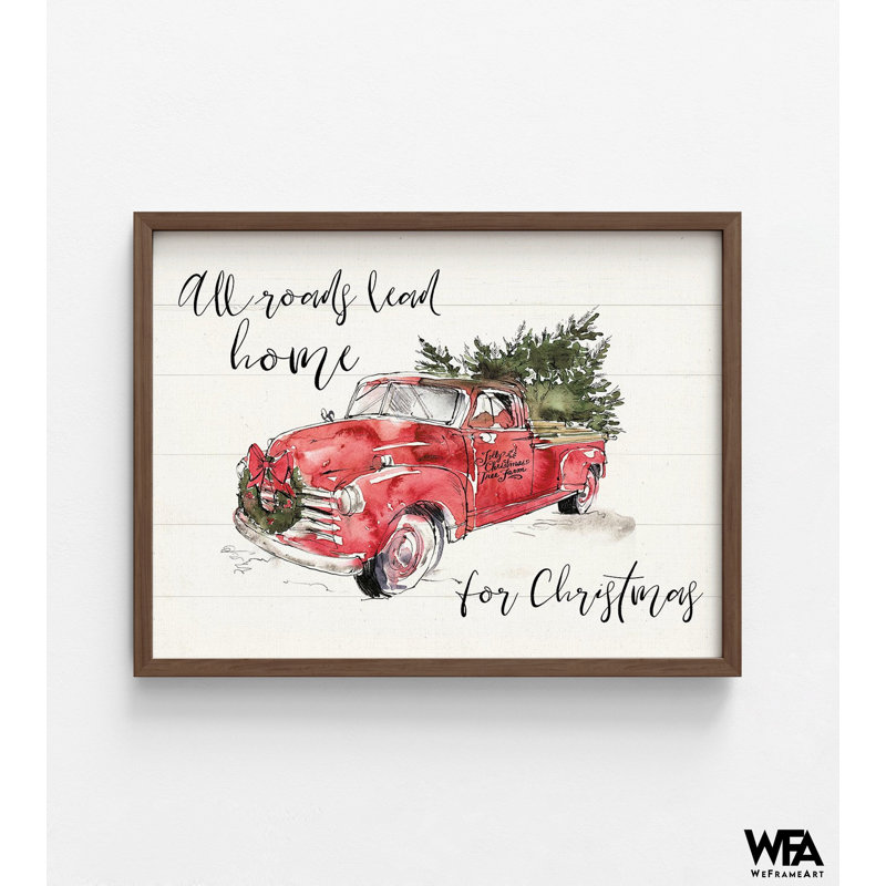 Illustration de l'aquarelle traditionnelle de Noël, impression d'affiche de camion de Noël rouge, décor de ferme de camion d'arbre de Noël traditionnel