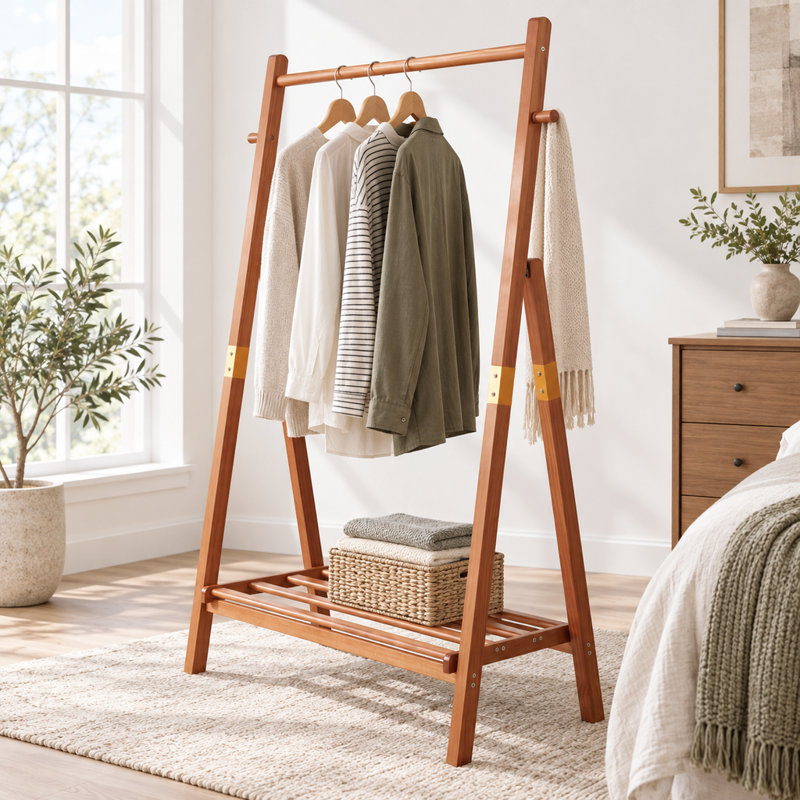 Portant à vêtements robuste en bois de pin massif avec support inférieur en forme de A 31,95 x 17,77 x 62,45 po avec tablette inférieure et crochets latéraux pour la chambre à coucher et le couloir