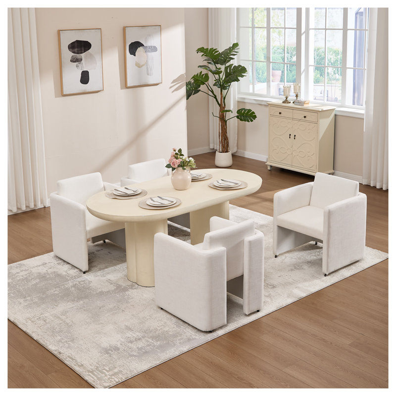 Chaise de baril moderne avec assise rembourrée, chaise de cuisine d'appoint en tissu crème avec pieds en bois