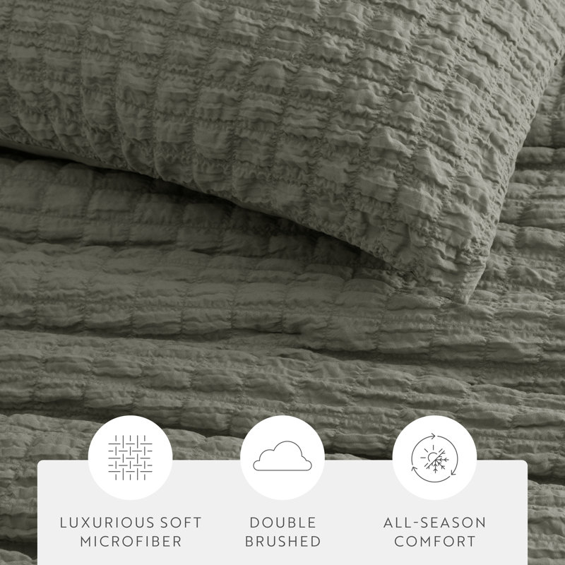 Seersucker Textured Comforter Set, Full / Queen Comforter + 2 Shams, Willow Green