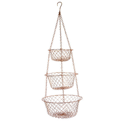 3-Tier Copper Kitchen Hanging Fruit Baskets, 32 Inches