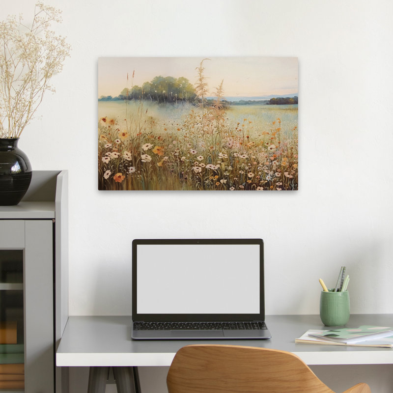 Wildflower Meadow At Dawn I - peinture de paysage réaliste avec fleurs sauvages, H 16 po x l 24 po