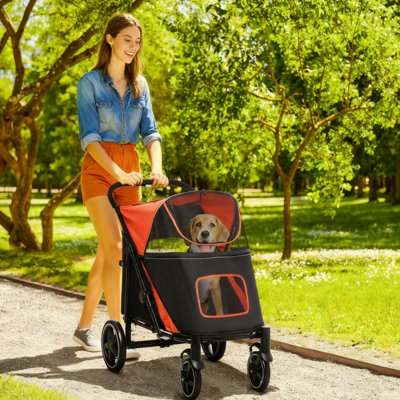 Poussette pour chien, poussette pliable pour animal de compagnie en un clic, roues à absorption des chocs, rouge