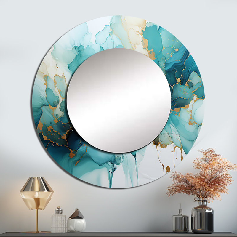Miroir mystique abstrait bleu sarcelle - fractal, miroir décoratif bleu sarcelle, art métallique imprimé, 29 po x 29 po, Rond