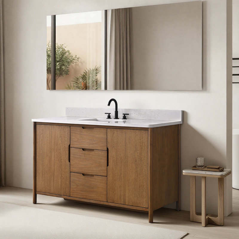 Meuble-lavabo autoportant de 60 po avec plateau en pierre Milano Mist, tablette dissimulée et support pour sèche-cheveux, 60