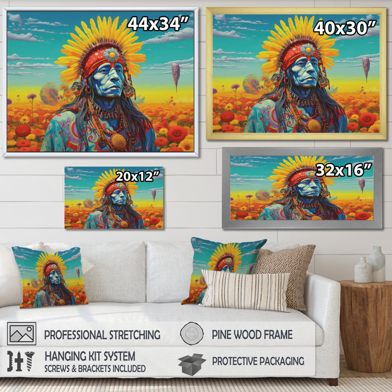 Chaman amérindien avec coiffe en plumes I sur toile, H 16 po x l 32 po, Toile tendue