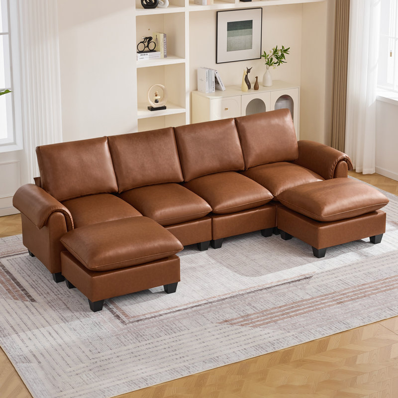  118" Faux Leather Modular U Shape Sectional Sofa with 2 Ottomans, Brown Faux Leather