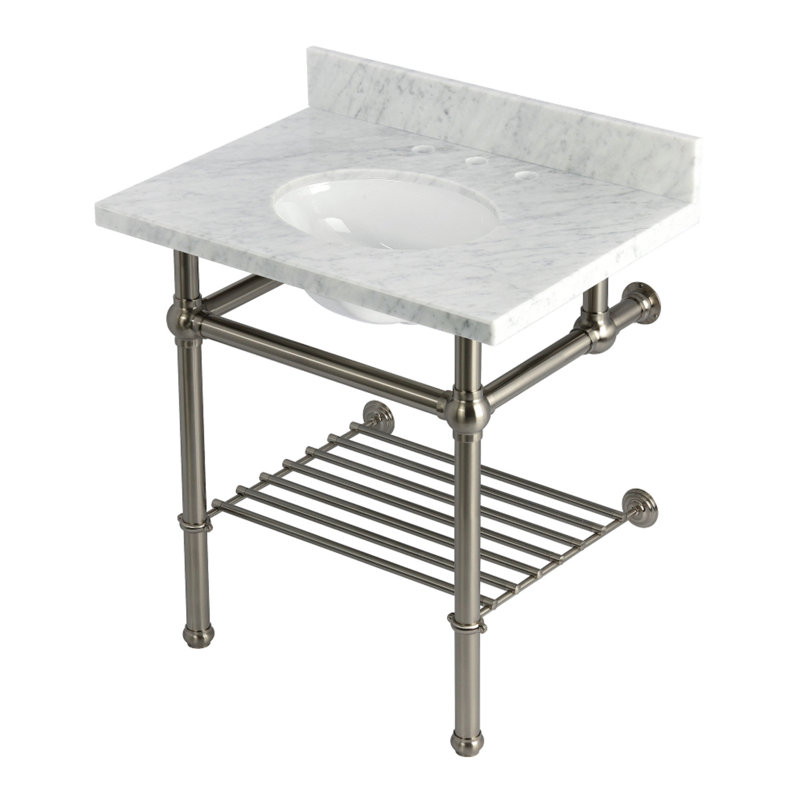 Kingston Brass Templeton 30-Inch Carrara Marble Console Sink with Brass Legs and Shelf (8-Inch, 3-Hole)