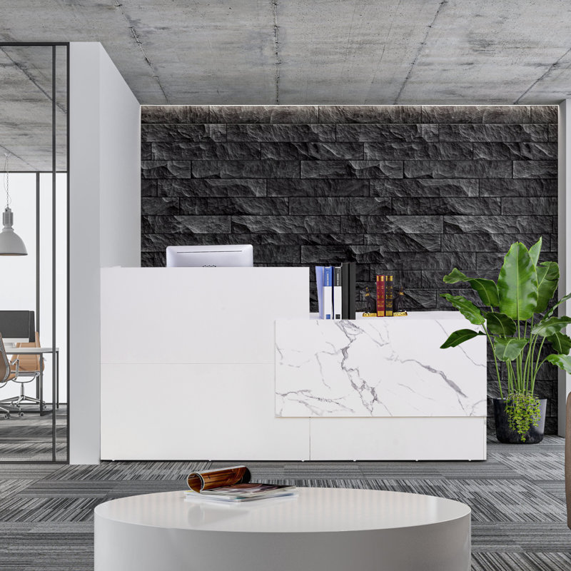 Bureau de réception moderne 86,8 po avec motif en marbre, tiroir verrouillable et plateau à clavier - Réception spacieuse pour le bureau, l'hôtel, le restaurant et la salle de réunion