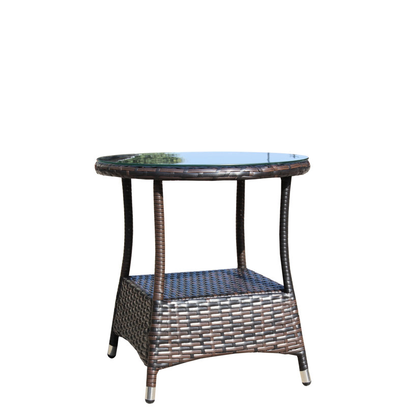 Patio Round Coffee Table With Tempered Glass - Pe And Metal, 21"X21"X21", Brown, Assembly Necessary Outdoor & Steel, Weather , Required