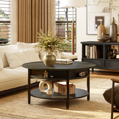 Wynny 27"W Round Lift-Top Wood Coffee Table with Storage
