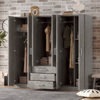 Armoire-penderie 6 portes en bois pour chambre à coucher, avec grands tiroirs, gris