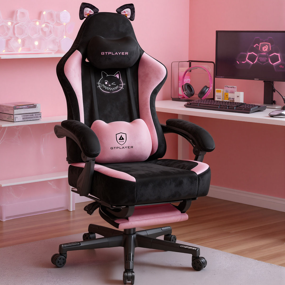 Gaming Chair Fabric, High Back Computer Chairs With Footrest For Adults Ergonomic Lumbar Support Height Adjustable Swivel PC Chair With Cat Ears
