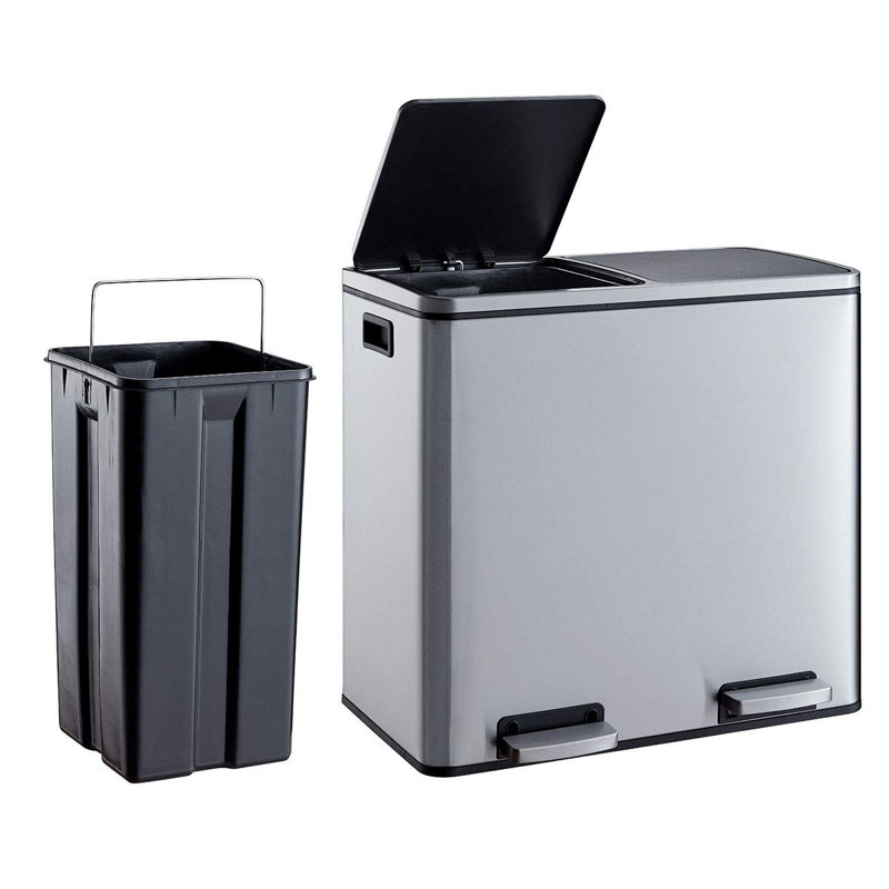 Stainless Steel Step On Multi-Compartment Rubbish & Recycling Bin - 60L, Silver, 65cm H x 58.5cm W x 36cm D