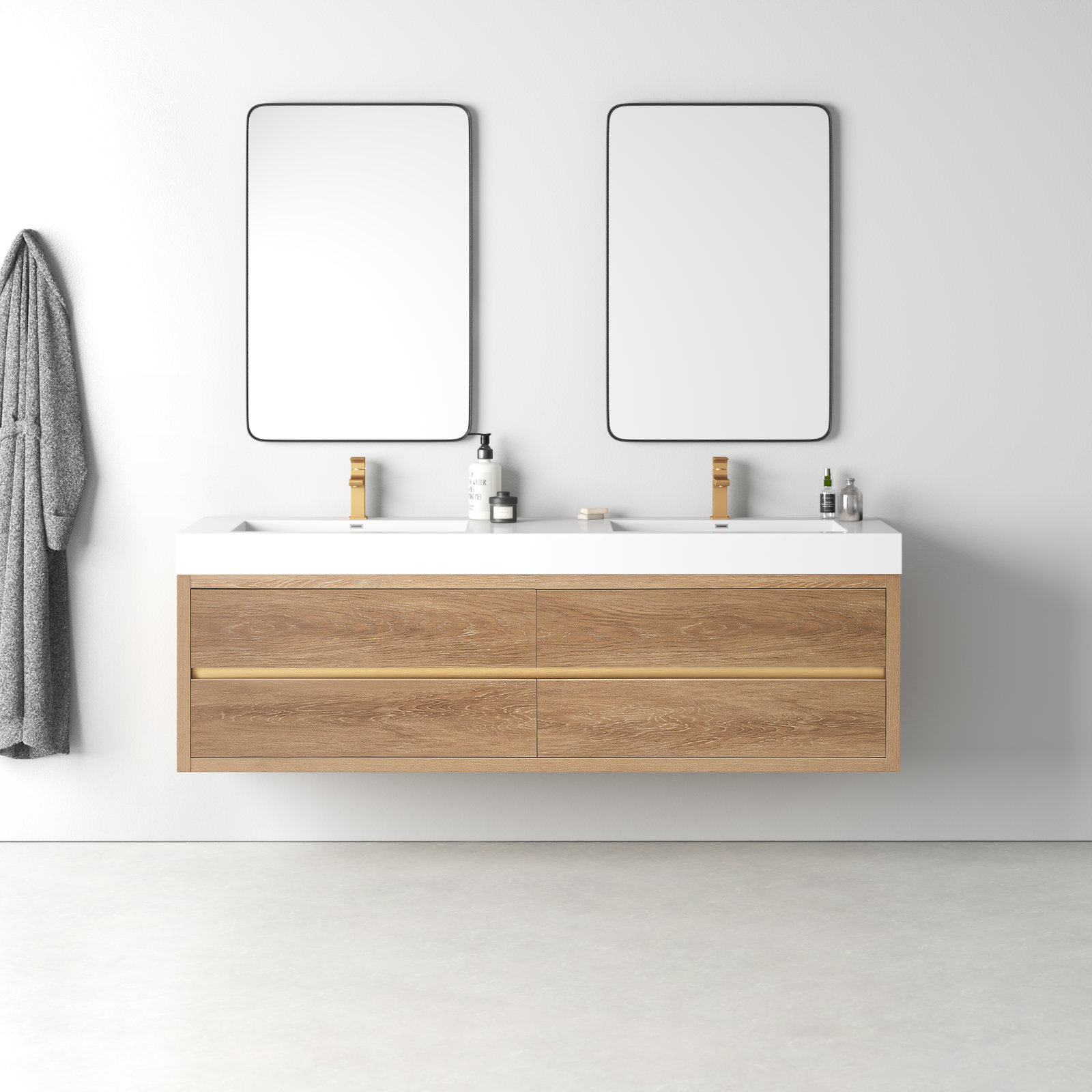 Vali 71.7'' Double Bathroom Vanity, North American Oak Finish/White Top 