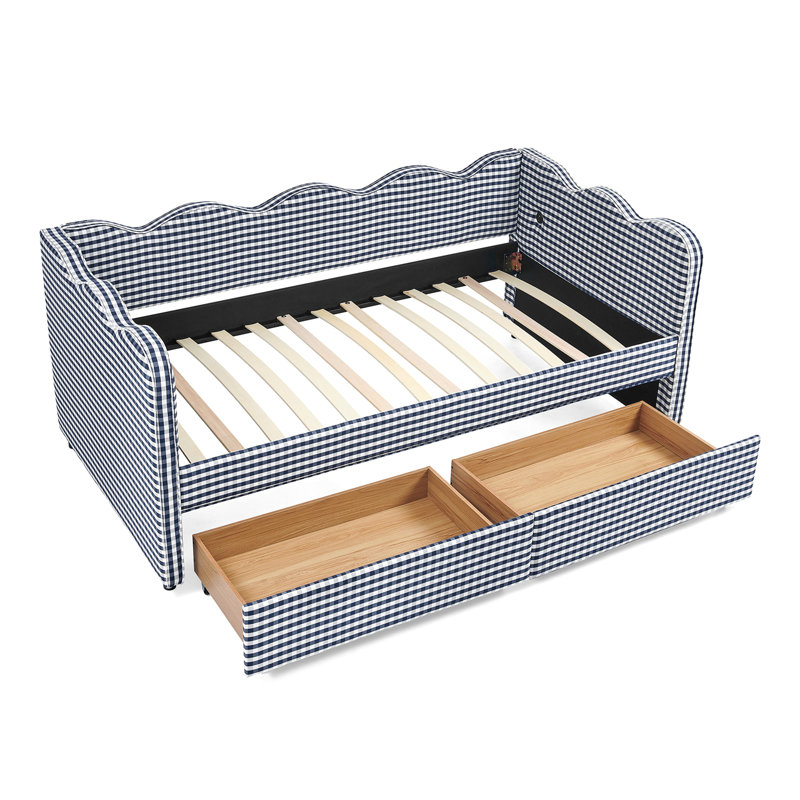 Twin Size Cozy Gingham Daybed With Two Storage Drawers, With USB Port And Adorable Wave Shaped, Linen Fabric, Twin, Navy