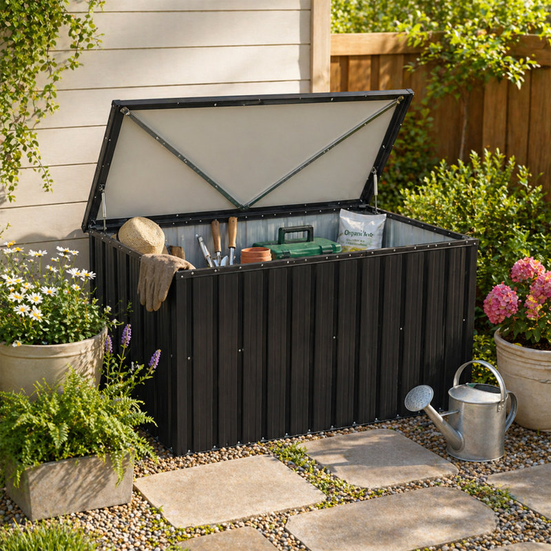 Boîte de rangement industrielle noire en métal pour couvertures, jouets et outils