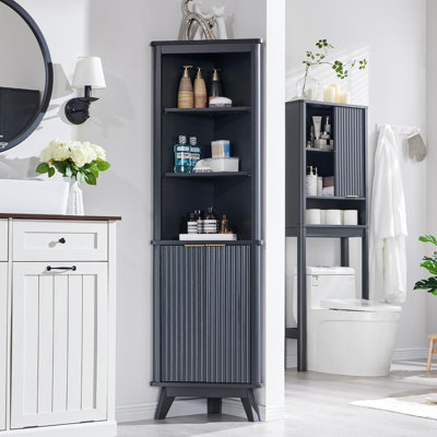 Armoire de rangement d'angle cannelée avec plateau en faux marbre, tablettes réglables et conception incurvée - Armoire moderne peu encombrante pour la salle de bain, la cuisine et le salon