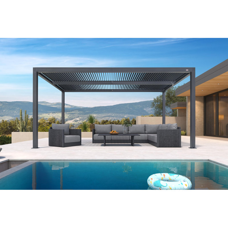  Modern Aluminum Patio Furniture Set Gray, L-shaped Outdoor Modular Sofa with Thick Cushions and Aluminum Table, a modern outdoor leisure set suitable for patios, porches, poolsides, and terraces.