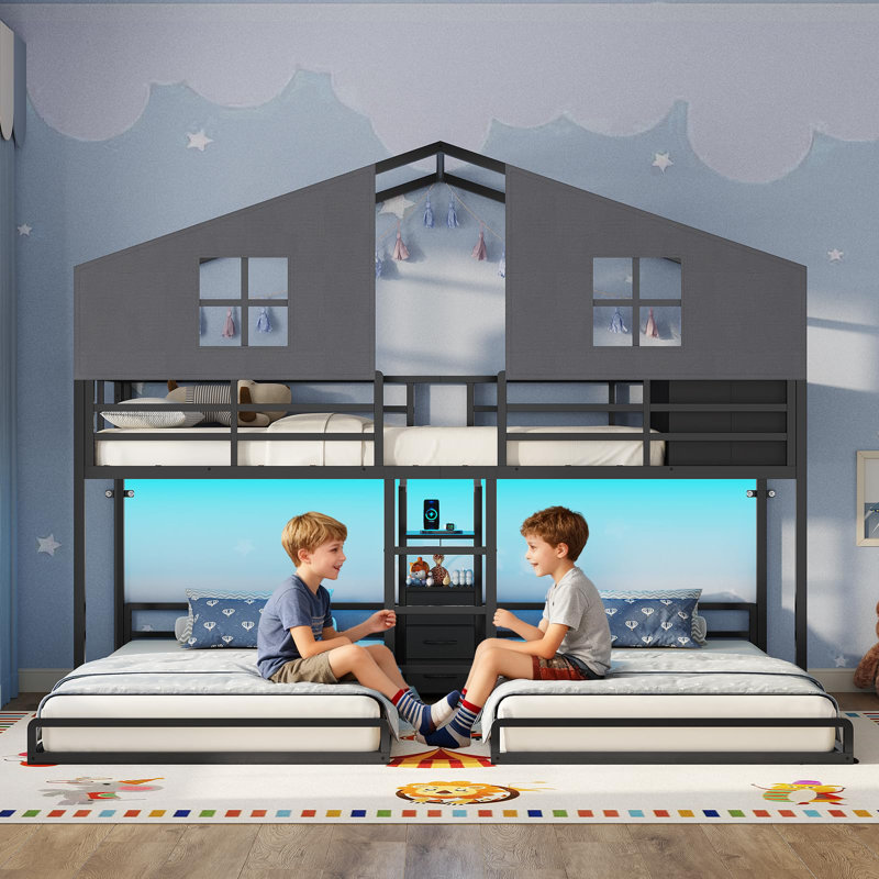 Triple Bunk Bed Twin Size With House, 4 Storage Drawers, Charging Station And Led Lights, Metal Bunk Bed With 13.4" H Safety Guardrail,Play Curtain, Diy House Shaped Bed