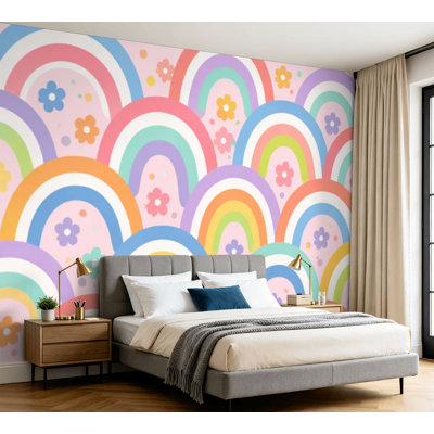 Wall Mural Peel and Stick Wallpaper Boho baby summer whimsical rainbow seamless Modern groovy hippie Self-Adhesive Removable Contact Paper Wall Decor for Living Room Bedroom 100"H x 144"W