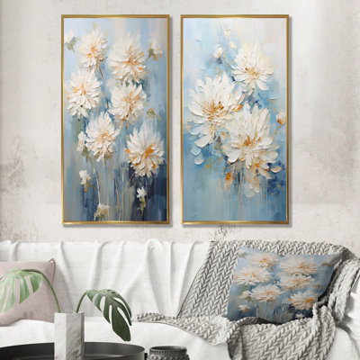 White And Blue Chrysanthemums Painted Ink - Chrysanthemums Wall Art Prints Set Of 2