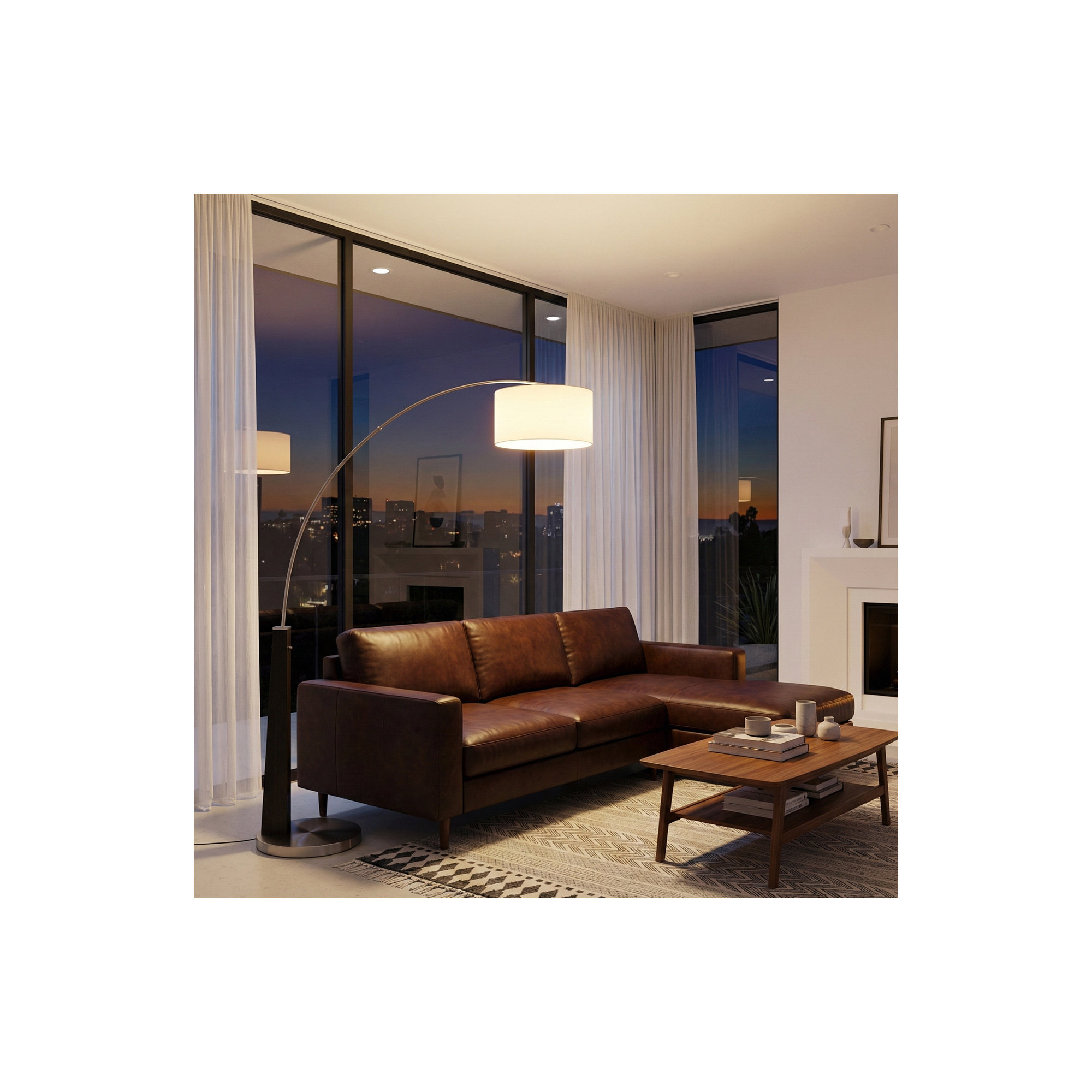 Taper 1 Light Arc Floor Lamp - Weathered Brass, White Cotton-Linen Shade, Black Wood