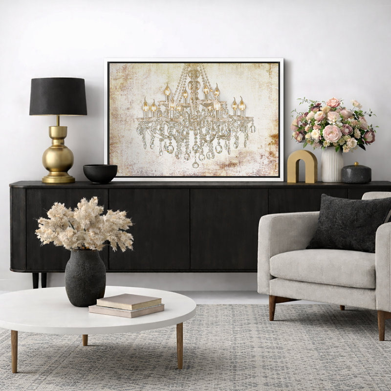 Glam Chandelier "Bright Gold Crystal Light Collier Artwork, Vintage Elegant Wall Pictures, Large Framed Canvas Giclée Print Wall Art"