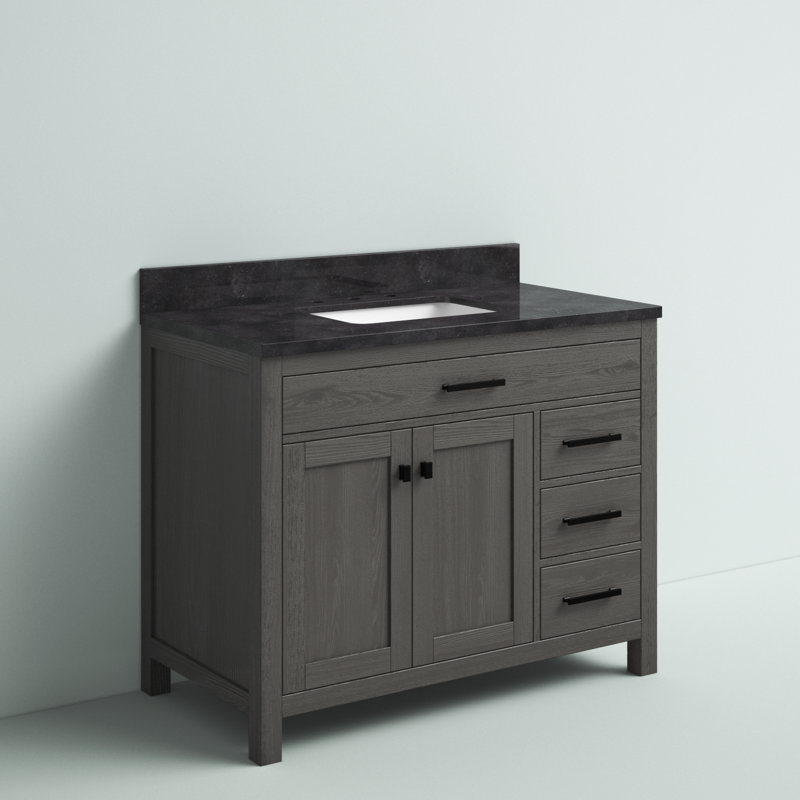 Ensemble de meuble-lavabo simple 42 po Ajiya, Gris texturé / noir mat, Calcaire bleu