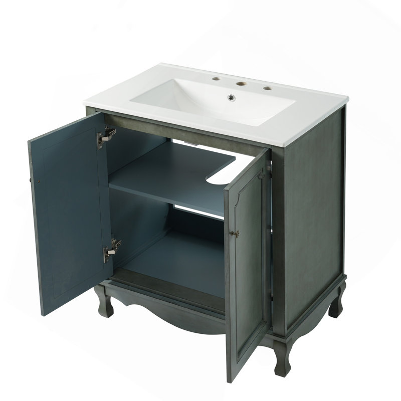 Meuble-lavabo vintage 30 po avec lavabo rectangulaire en céramique, meuble-lavabo antique avec sarcelle antique