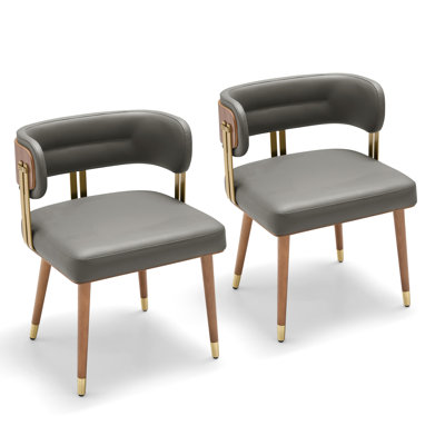  Mid-Century Modern Dining Chairs Set of 2, Leather Upholstered Kitchen Chairs with Walnut Wood Veneer & Gold Metal Legs, High Resilience Foam Cushion for Comfort, Accent Chairs