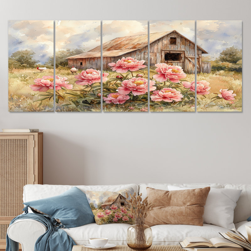 Ferme de pivoines par le poulailler II - Art mural pivoines - Art mural traditionnel sur toile, H 28 po x l 60 po, 5
