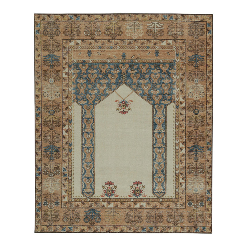 Rug & Kilim's Distressed rug with Mihrab Pattern and Beige Open Field