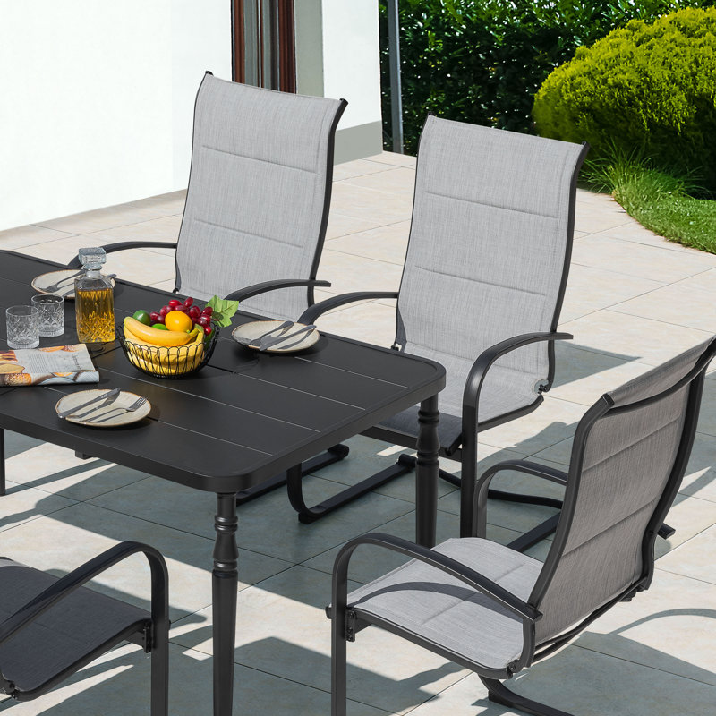 Patio 7-Piece PVC-coated polyester Dining Set, C-Spring Chair Legs And Umbrella Hole,Black