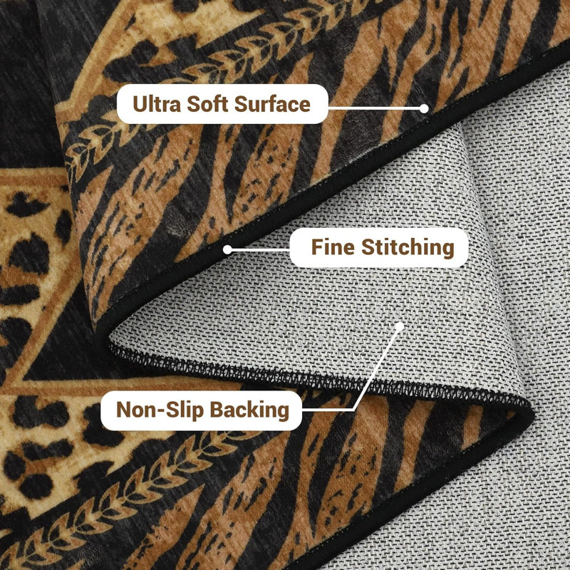 9'x12' Checkered Hallway Runner Rug – Soft Low Pile, Non-Slip, Beige & Black Leopard Print for Kitchen, Bedroom, Entryway
