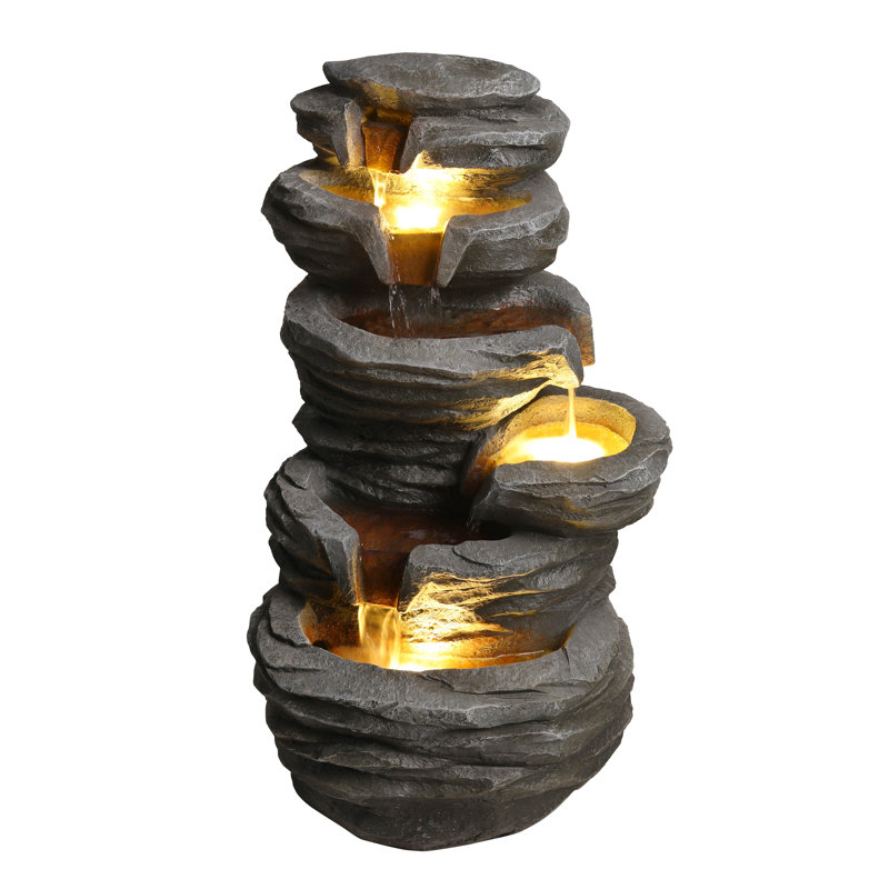 Modern 4-Tier Stacked Rock Cascading Outdoor Water Fountain with Warm Integrated LED Lights, Weather-Resistant Resin Faux Stone Waterfall Feature with Pump for Garden, Patio, and Yard