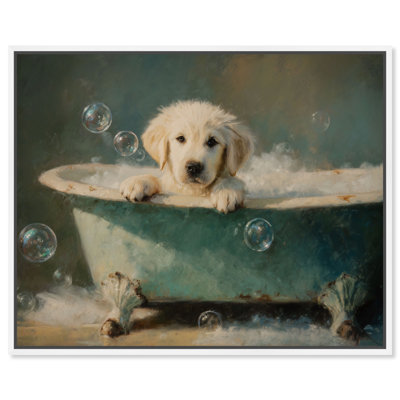 «Puppy Suds I», impression sur toile encadrée par Art Remedy, cadre blanc, 36 x 30