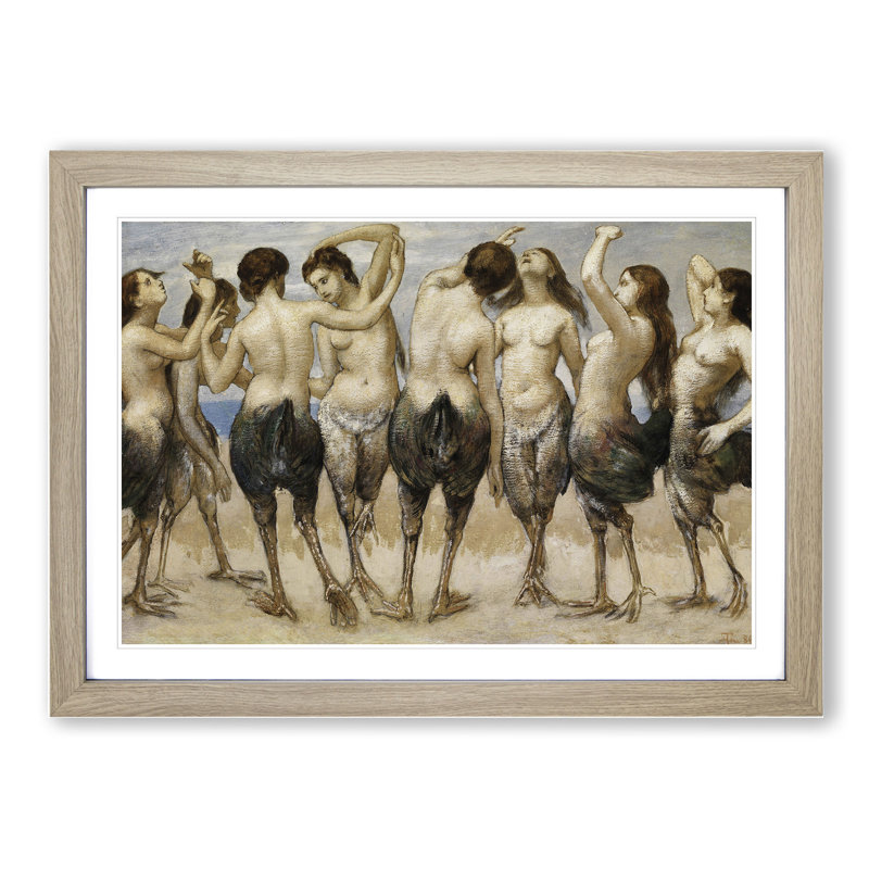 Eight Women in Bird Bodies by Hans Thoma - Picture Frame Painting, 36cm H x 48cm W x 2cm D, Oak Framed