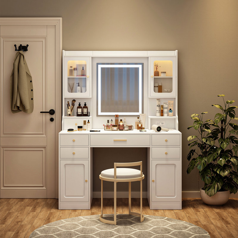 Grande coiffeuse avec miroir, 6 tiroirs et tablettes, bureau de commode
