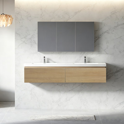 Meuble-lavabo mural 72 po à double cuve flottante moderne en chêne naturel avec plateau en résine blanc brillant