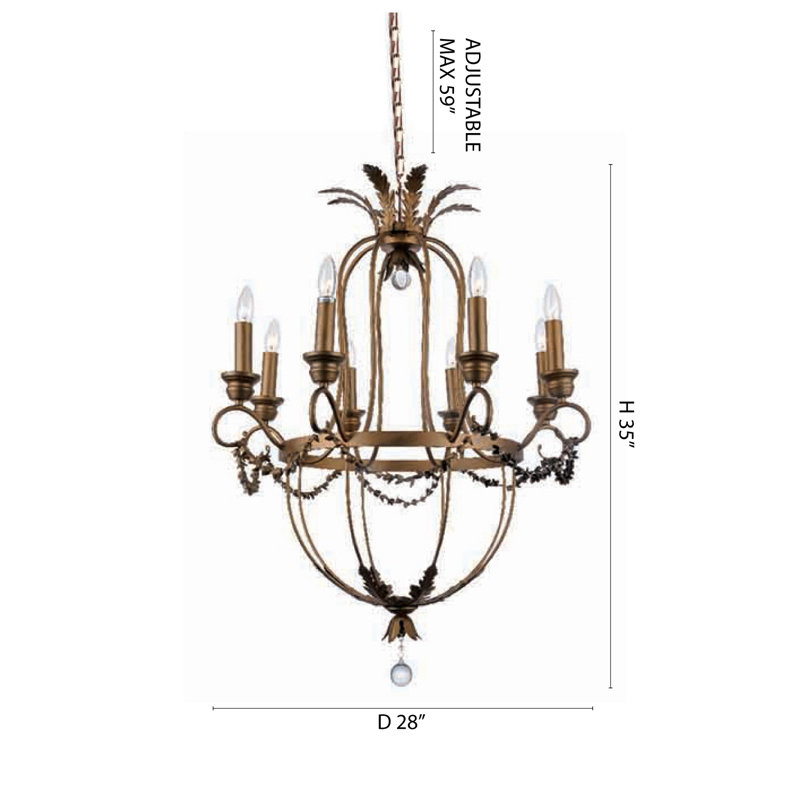 Lustre en bronze 8 lumières avec détails en cristal transparent