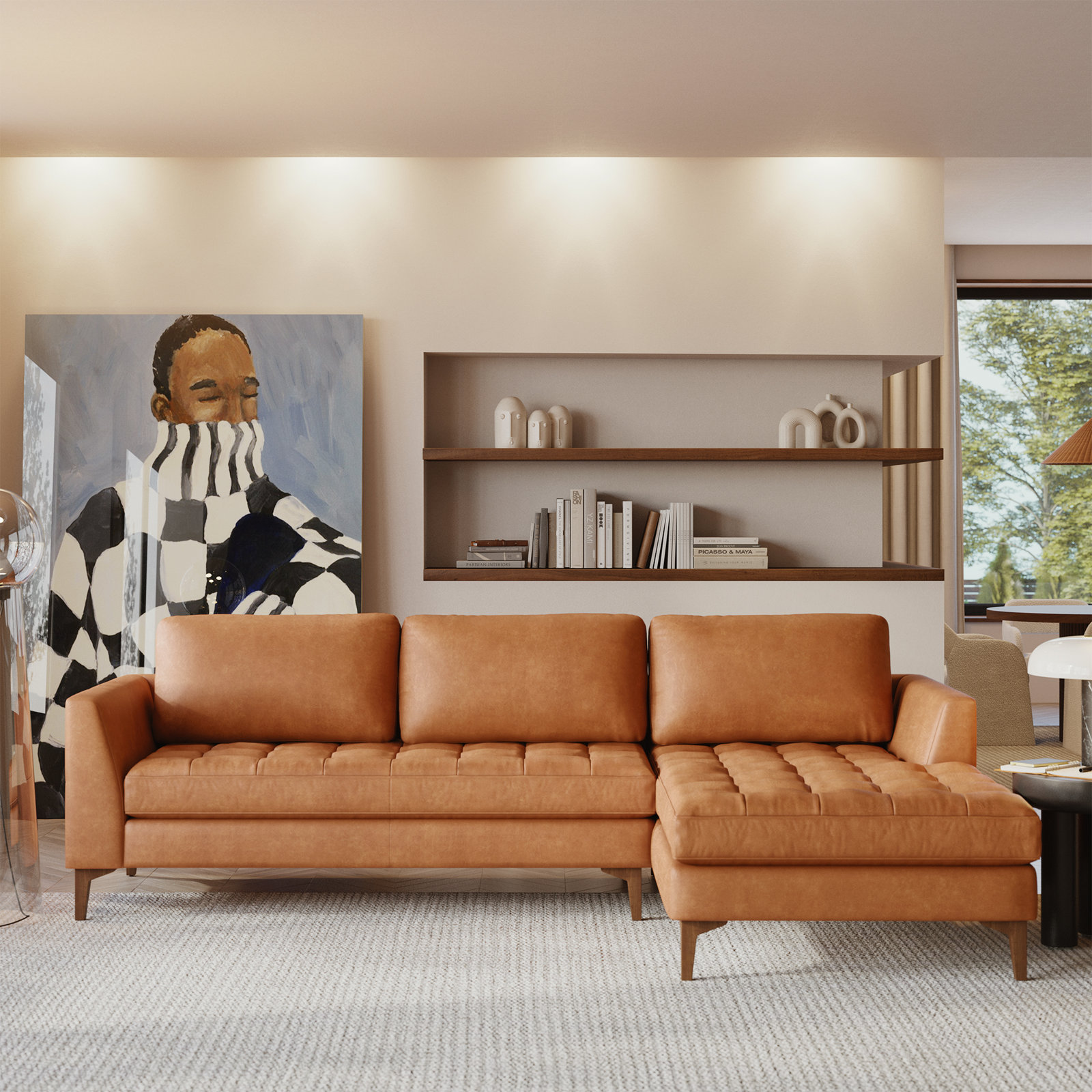  Full-Grain Genuine Italian Leather Sectional Sofa, Cognac Tan Genuine Leather, Walnut, Right Hand Facing