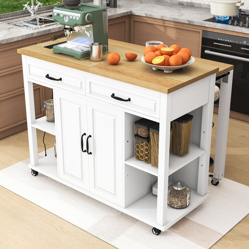 Extendable Kitchen Island with Integrated Power Outlets, 2 Drawers and Cabinet, White