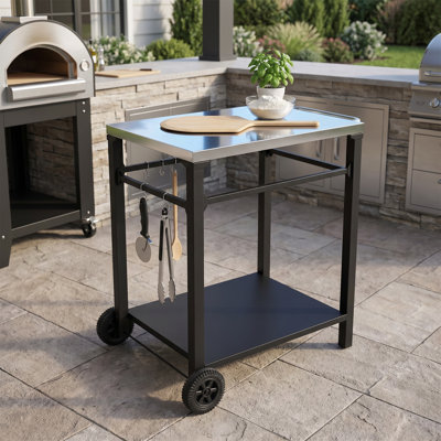 Two-tier Outdoor Barbecue Cart Featuring A Stainless Steel Countertop, Large Wheels, And Tool Hooks; A Wheeled Serving Cart Ideal For Patios And Backyards