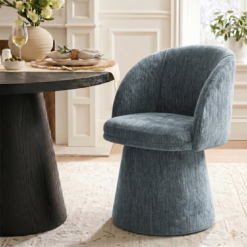 Chaise de salle à manger pivotante moderne avec dossier en tonneau et base piédestal, Bleu