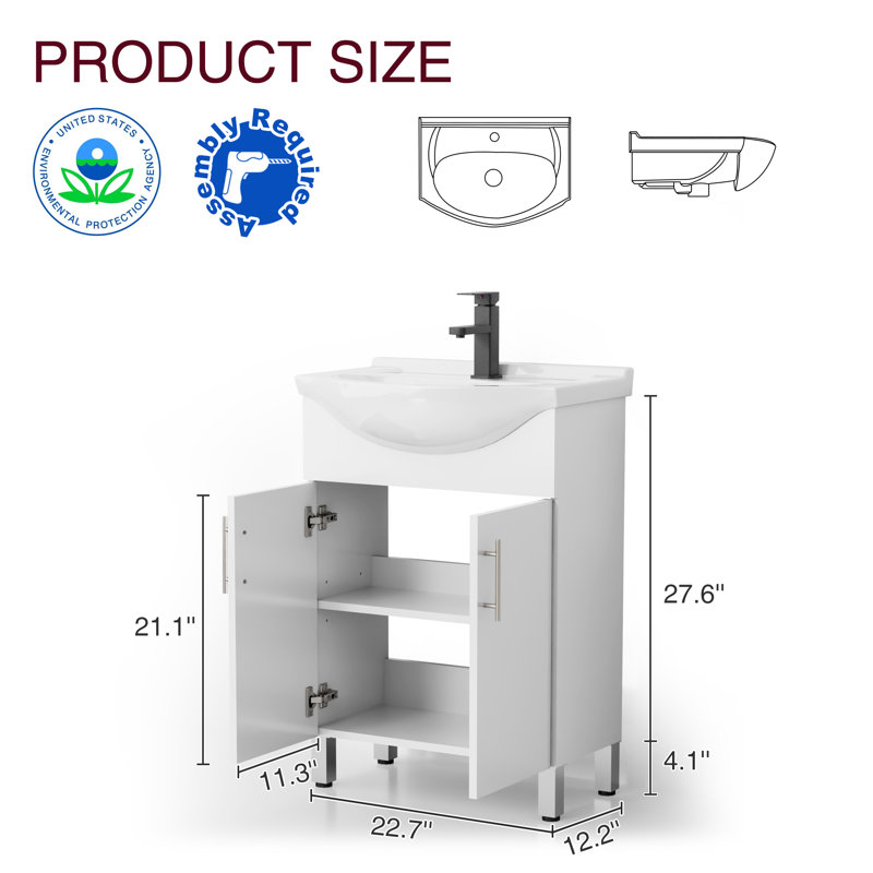 24" Freestanding Single Bathroom Vanity with Thick Euro Ceramic Sink, Faucet, White