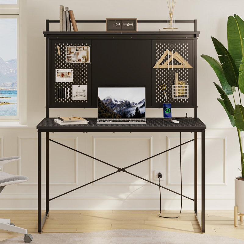 39''W LED Gaming Desk with Hutch and Pegboard, Computer Home Office desks with Power outlet and Shelf, Blue/Black