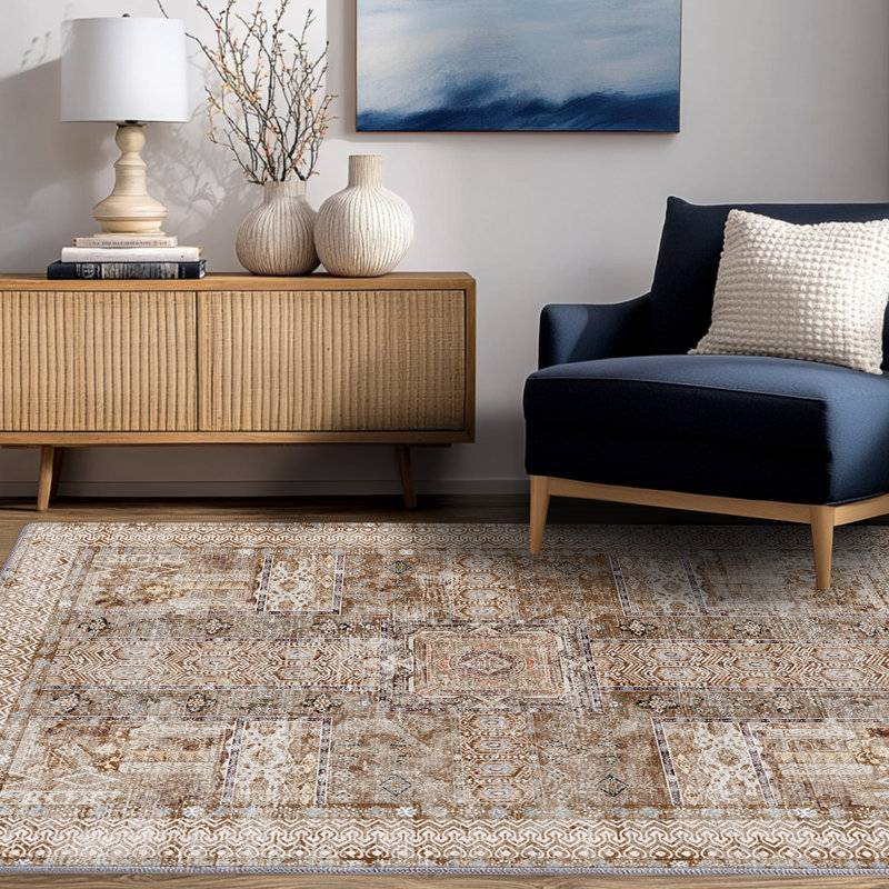 Tapis de salon brun clair de 4 pi 6 pi, tapis lavable à la machine, tapis rétro antidérapant pour tapis de chambre à coucher, tapis bohème, tapis rétro patiné pour salle de classe, dortoir, salle à manger