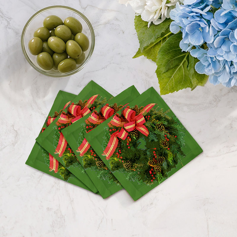 Christmas Wreath Cotton Sateen Cocktail Napkins, Green