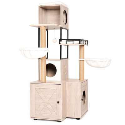 Arbre à chat avec litière, poteaux à griffer et porte-jouets